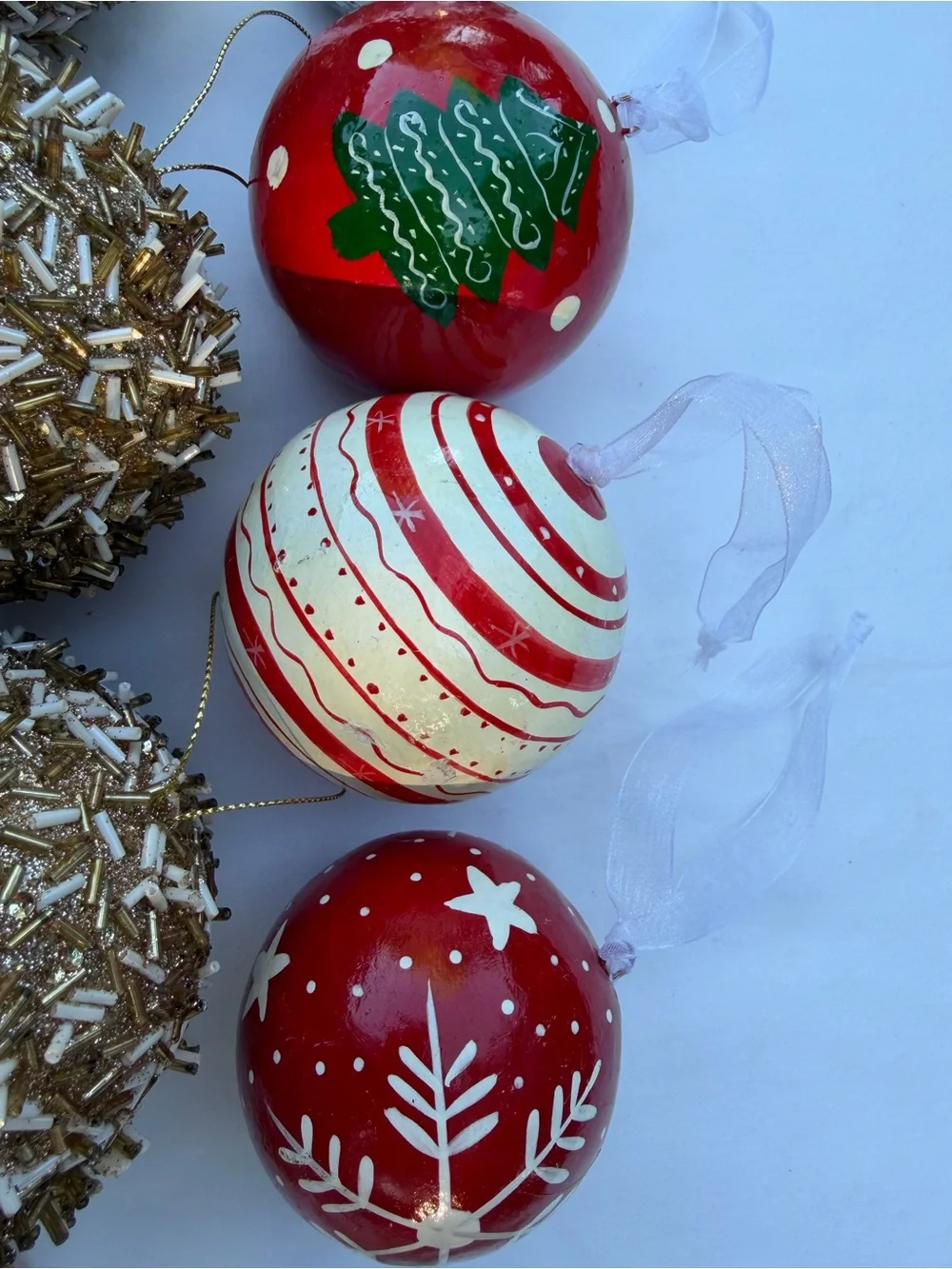 Lot of assorted Holiday Christmas Ornaments in Red, Gold, and White